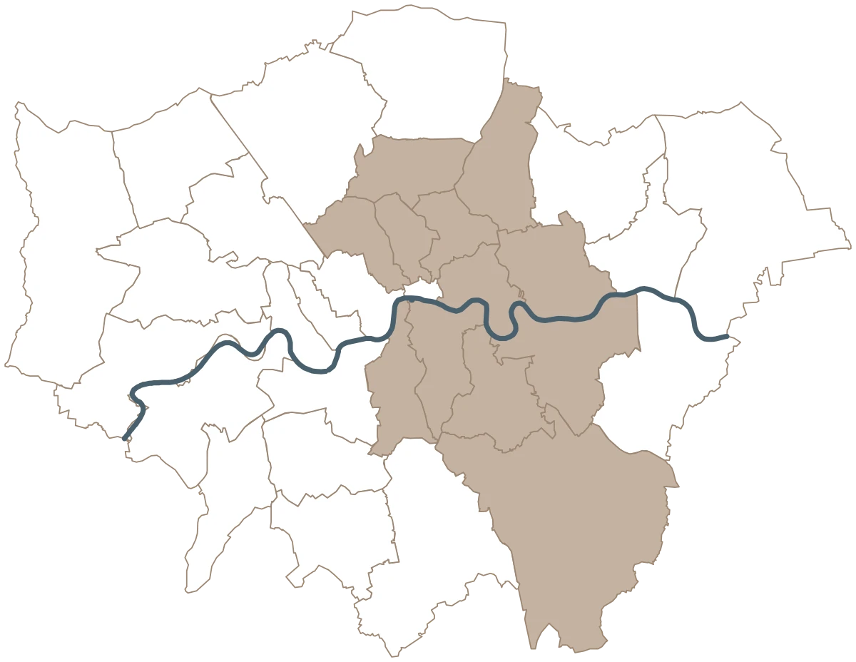 Map of Greater London with the North, East and South East London boroughs DOMY searches in shaded brown and the Thames in blue